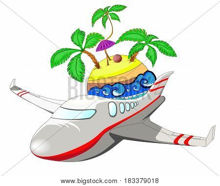 White plane flies around the island to the resort
