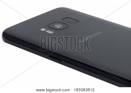 Koszalin, Poland - 25 April, 2017:The new photo of black Samsung Galaxy S8. Samsung S8 are new generation smartphone from Samsung. The Samsung S8 is smart phone with multi touch screen