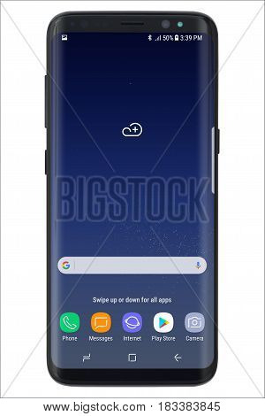 Koszalin, Poland - 25 April, 2017:The new photo of black Samsung Galaxy S8. Samsung S8 are new generation smartphone from Samsung. The Samsung S8 is smart phone with multi touch screen