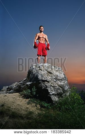 Young muscular male fighter wearing boxing gloves standing in a stance on a rock outdoors on sunset copyspace people lifestyle sports athletics sportsman fitness muscles combat martial fighting.