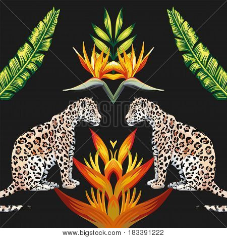 Fashion mirror composition of tropical animal tigress flowers and palm leaves. Vector summer illustration wallpaper on black background