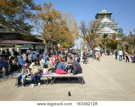 OSAKA CASTLE: OSAKA, JAPAN - APRIL 3, 2017: The Front View of Osaka Castle. This Castle is Very Famous Historic Tourist Attraction of Osaka Japan.
