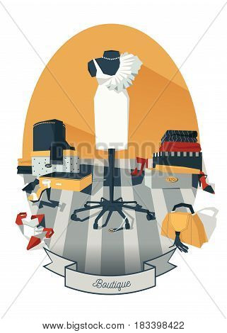 Vertical vector illustration with interior of woman wardrobe with dress on mannequin hand drawn with black and white graphic. Stylish fashion room with mess of shoes boxes bijouterie and clothing.
