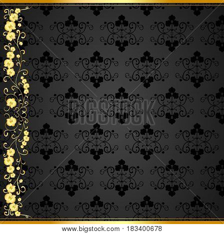 Golden curls with orchids on a black background with velvety texture for business cards