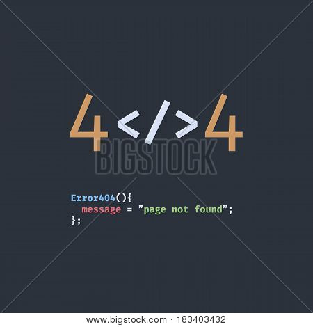 Error 404 page not found. The inscription in the form of program code. Stylized as a text editor for web programming.
