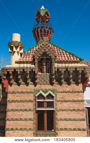 Comillas Spain - April 19 2017: Palace of El Capricho or Villa Quijano designed by the architect Gaudi in modernist style in Comillas Cantabria Spain