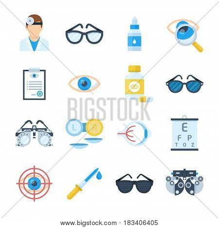Ophthalmologist equipment vector icons in a flat style. Treatment and correction of vision. Clinical tests and eye examinations by an oculist.