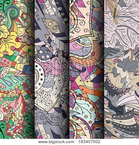 Set Of Tracery Colorful Seamless Patterns. Curved Doodling Backgrounds For Textile Or Printing With