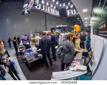 MOSCOW RUSSIA - APRIL 21 2017: Booth of Fujifilm company at PhotoForum 2017 trade show and exhibition in Moscow Russia on April 21 2017.
