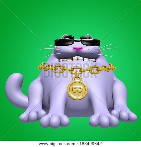 Cute fat cat in black glasses and golden medallion. 3D illustration. Funny cartoon character.