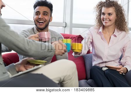 Businesspeople Group In Coworking Center Coffee Break, Coworkers Workplace Mix Race People Meeting Modern Office Cafe Panoramic Window
