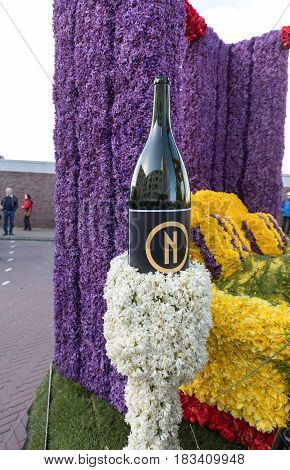 NOORDWIJK NETHERLANDS - 22 APRIL 2017: Platform with tulips and hyacinths follows the route of the traditional flowers parade Bloemencorso from Noordwijk to Haarlem in the Netherlands.