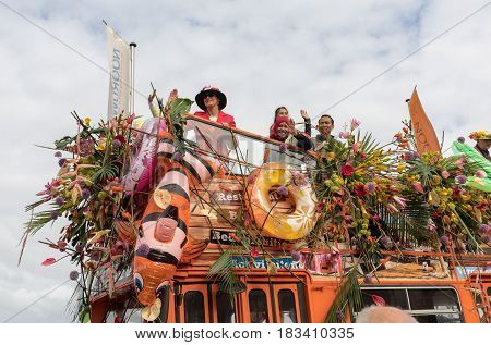 NOORDWIJK NETHERLANDS - 22 APRIL 2017: Platform with tulips and hyacinths follows the route of the traditional flowers parade Bloemencorso from Noordwijk to Haarlem in the Netherlands.