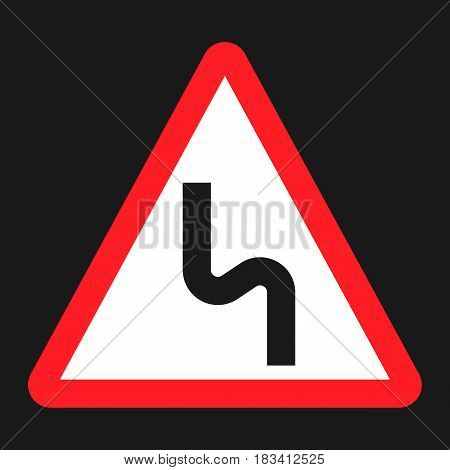 Dangerous double bend sign flat icon, Traffic and road sign, vector graphics, a solid pattern on a black background, eps 10