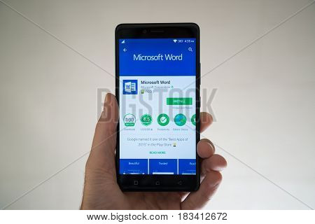 Paris, France, april 22, 2017: Microsoft office word application on google play store on smartphone