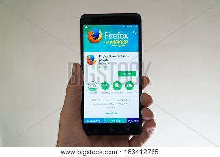 Paris, France, april 22, 2017: Firefox application on google play store on smartphone