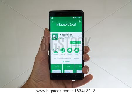 Paris, France, april 22, 2017: Microsoft office excel application on google play store on smartphone