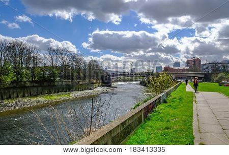 Walking beside the River Lea at Bow East London in Springtime.