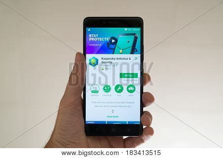 Paris, France, april 22, 2017: Kaspersky antivirus and security application on google play store on smartphone