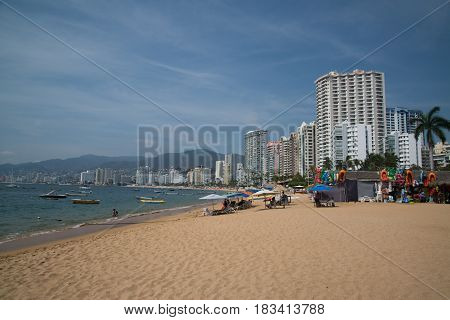 Acapulco, Mexico, circa february 2017: Acapulco beach in Acapulco de Juarez, Mexico