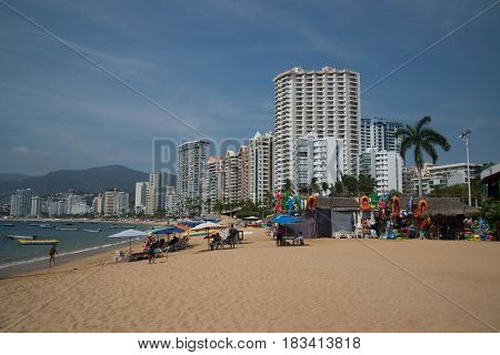 Acapulco, Mexico, circa february 2017: Acapulco beach in Acapulco de Juarez, Mexico