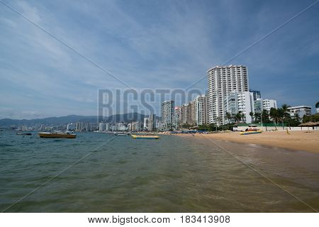 Acapulco, Mexico, circa february 2017: Acapulco beach in Acapulco de Juarez, Mexico
