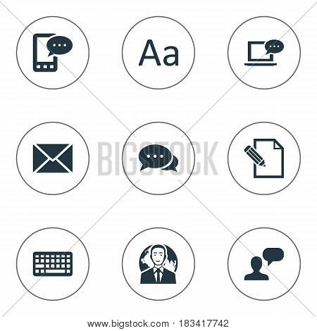 Vector Illustration Set Of Simple Blogging Icons. Elements Document, Laptop, Keypad And Other Synonyms Laptop, Missive And Negotiation.