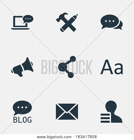 Vector Illustration Set Of Simple Blogging Icons. Elements Post, Gain, Loudspeaker And Other Synonyms Missive, Site And Repair.