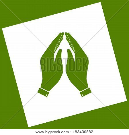 Hand icon illustration. Prayer symbol. Vector. White icon obtained as a result of subtraction rotated square and path. Avocado background.