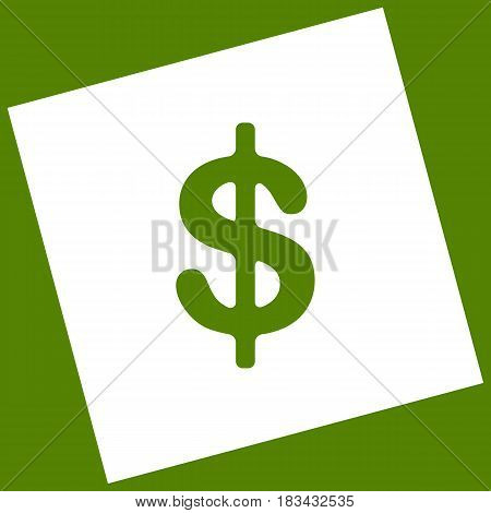 Dollars sign illustration. USD currency symbol. Money label. Vector. White icon obtained as a result of subtraction rotated square and path. Avocado background.