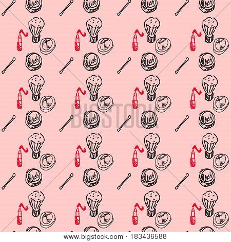 Seamless pink pattern with Cosmetics. Background for woman