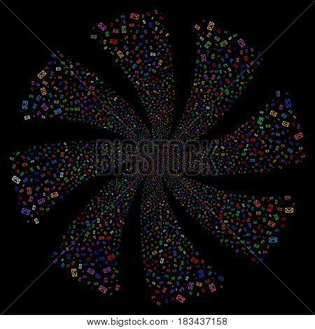 Envelope fireworks swirl rotation. Vector illustration style is flat bright multicolored iconic symbols on a black background. Object whirlpool done from random pictographs.