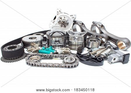 Group automobile engine parts isolated on white background