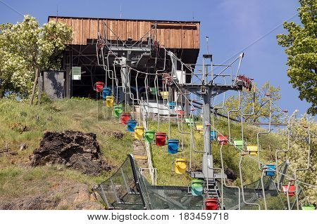 coloured funicular ZOO Prague Czech republic Lift station and cable car in Prague ZOO. Travel destination. Tourism theme.