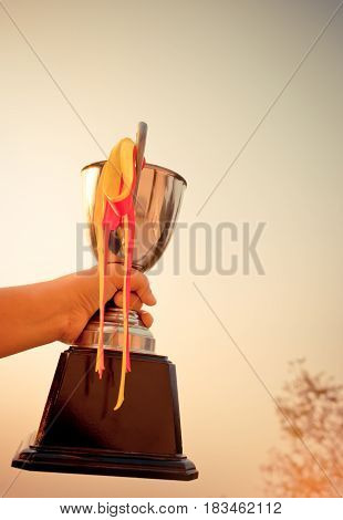 winner and champion concept Hand holding championship trophy against gray sky