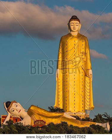 The Laykyun Sekkya Buddha giants statues standing and reclining near Monywa Myanmar