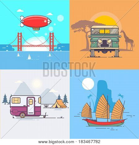 Travel time Airship in the sky with clouds Vector illustration