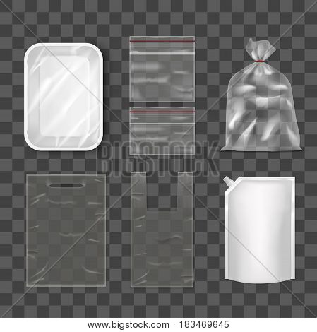 Disposable Plastic Bag Package Set on Transparent Background Foil Bag Packaging With Lid Doy, Plastic Food Container and Pocket. Empty Design Mock Up Vector illustration