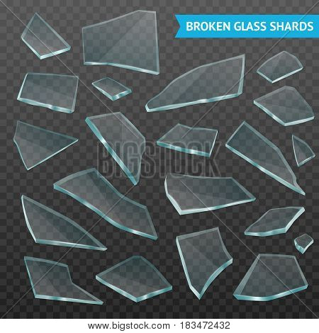 Faceted thick glass broken tumbler fragments various forms and size pieces set on dark transparent realistic vector illustration