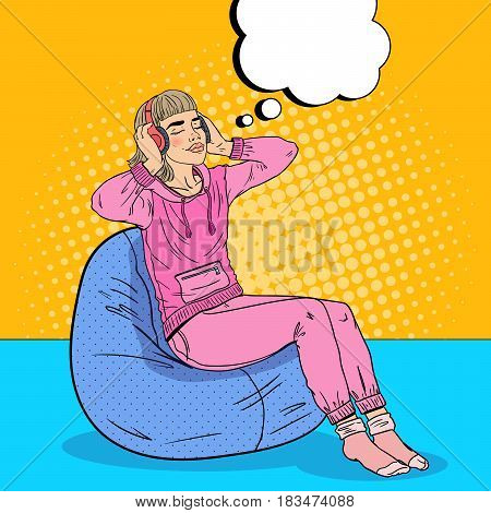Beautiful Teenager Girl Listening Music in Headphones. Relax at Home. Pop Art vector illustration
