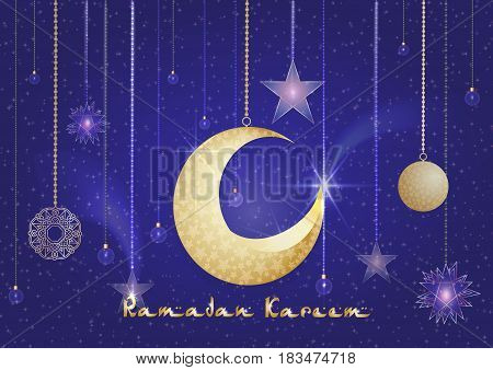 Greeting card design with text Ramadan Kareem for muslim festival in dark blue and golden color Vector illustrasions