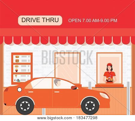 Drive thru fast food restaurant on a brick building flat design vector illustration.