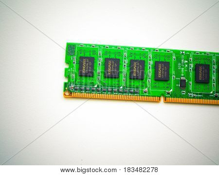 HO CHI MINH, VIETNAM - 26 APRIL 2017. Computer component board RAM Memory with gold conductor coatings