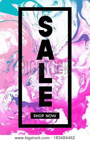 Sale. Shop Now. Black Typographic Banner Template with Pastel Marble Texture on White Background. Vertical Poster Design.