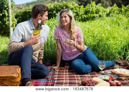 Happy couple holding winebottle and glass while sitting on picnic blanket