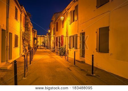 Sunset over the wall in old city Aigues-Mortes, Provence, France.