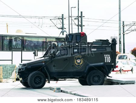 ISTANBUL, TURKEY - 1 APRIL , 2017:Turkish police on the streets of Istanbul during the military situation in the country