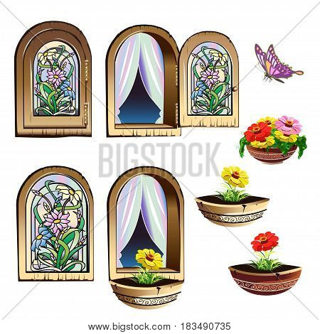 fabulous window with stained glass. Vector illustration. Set.
