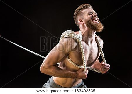 Handsome Bearded Sportsman Yelling And Pulling Rope Isolated On Black