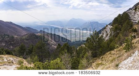 View from Monte Chiampon to plain of Friuli-Venezia Giulia in Italy in spring